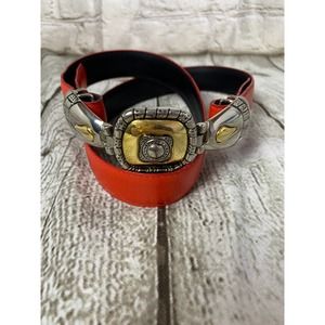 Women's Red Boho Western Leather Belt, Gold Silver Tone Buckle, 31 inches